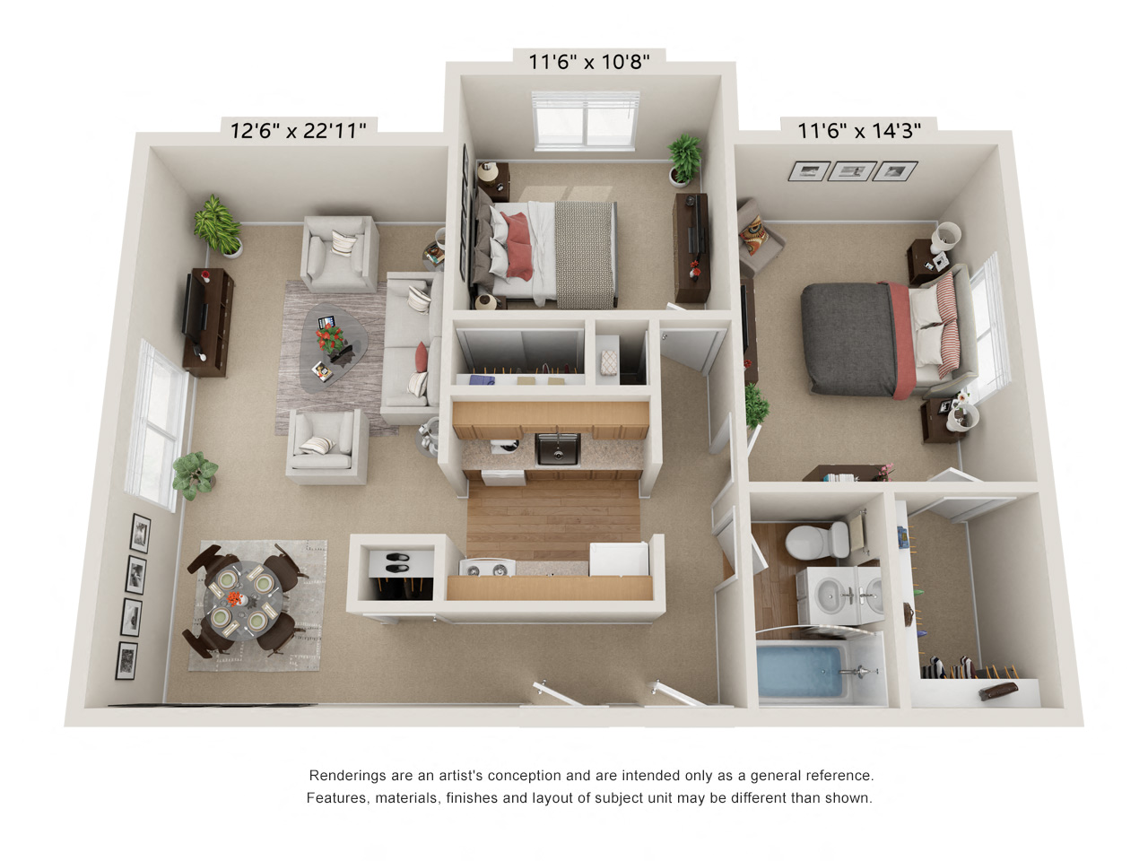 Floor plan for 2 beds, 1 bath, 869 sqft